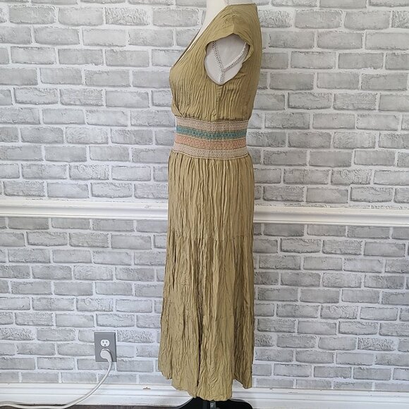 To the Max Green Silk Crinkle Dress Boho V-neck Midi Cottage Hippie Womens 6 - Picture 3 of 10